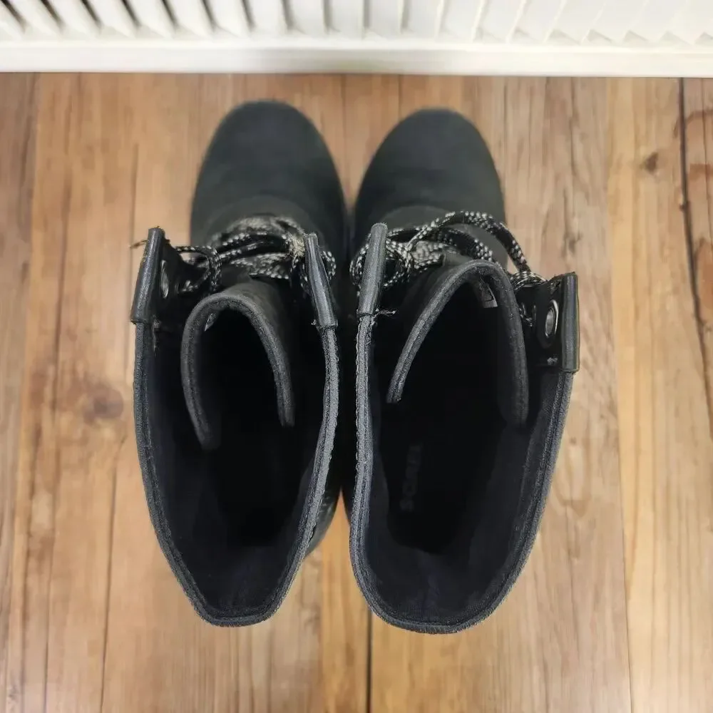 Sorel Lexie Boots Womens Sz 8 Black Leather Hidden Wedge Heel Lug Ankle Booties